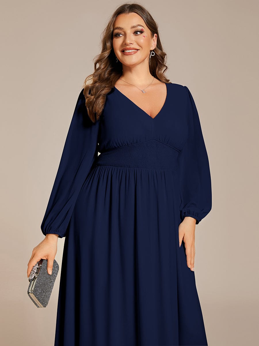 Plus Size Flowy Long Sleeve Midi Chiffon Dress #color_Navy Blue