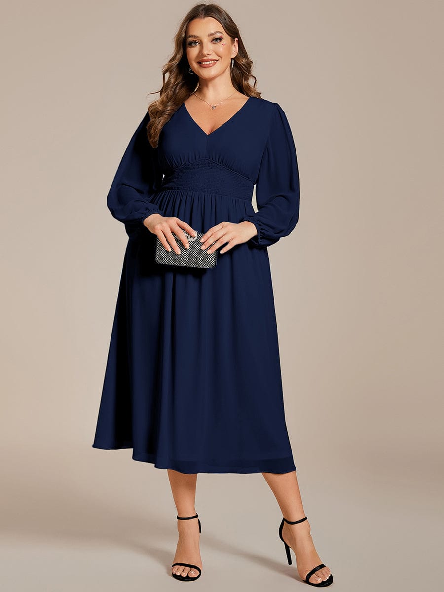 Plus Size Flowy Long Sleeve Midi Chiffon Dress #color_Navy Blue