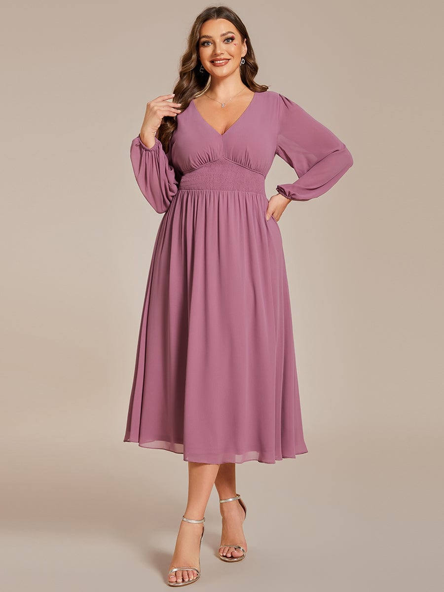 Plus Size Flowy Long Sleeve Midi Chiffon Dress #color_Purple Orchid