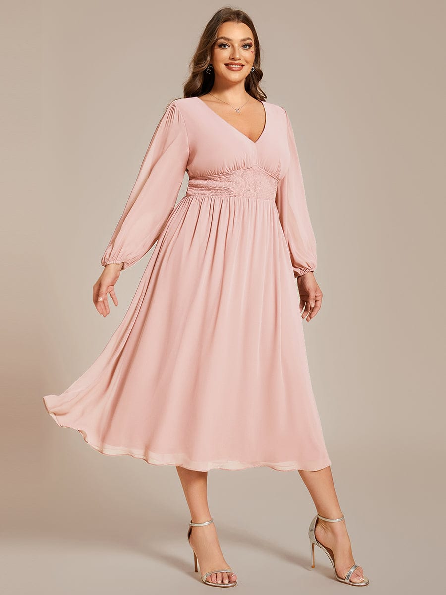 Plus Size Flowy Long Sleeve Midi Chiffon Dress #color_Pink