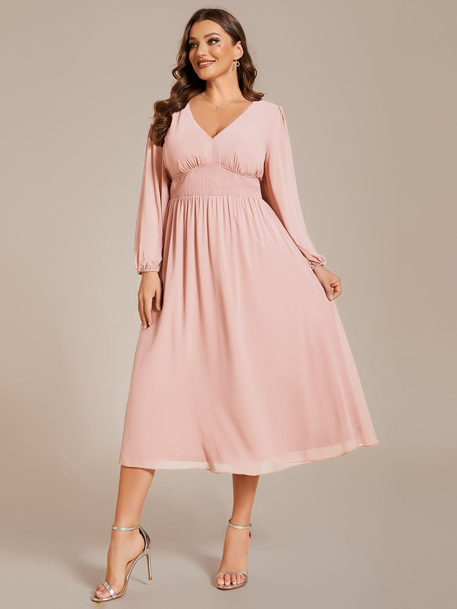 Plus Size Flowy Long Sleeve Midi Chiffon Dress #color_Pink