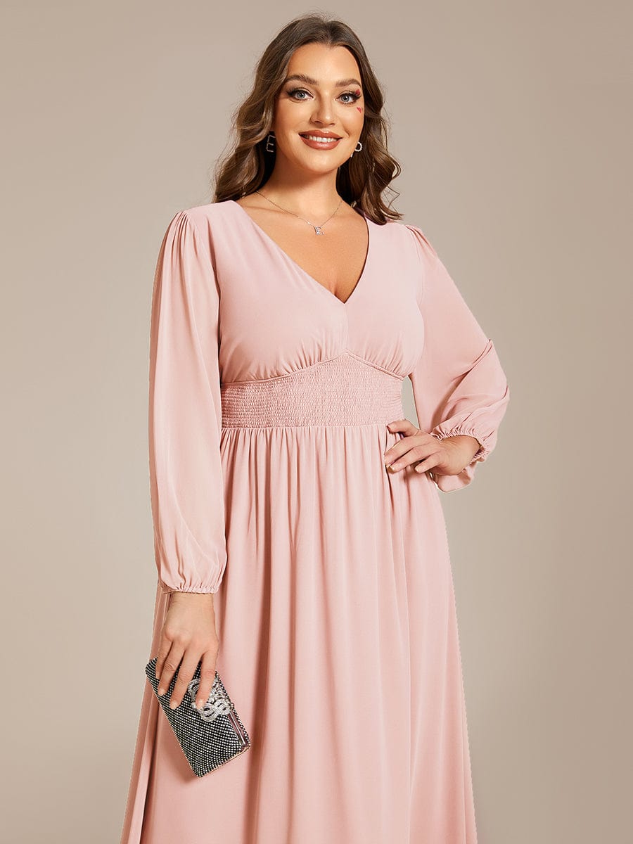 Plus Size Flowy Long Sleeve Midi Chiffon Dress #color_Pink