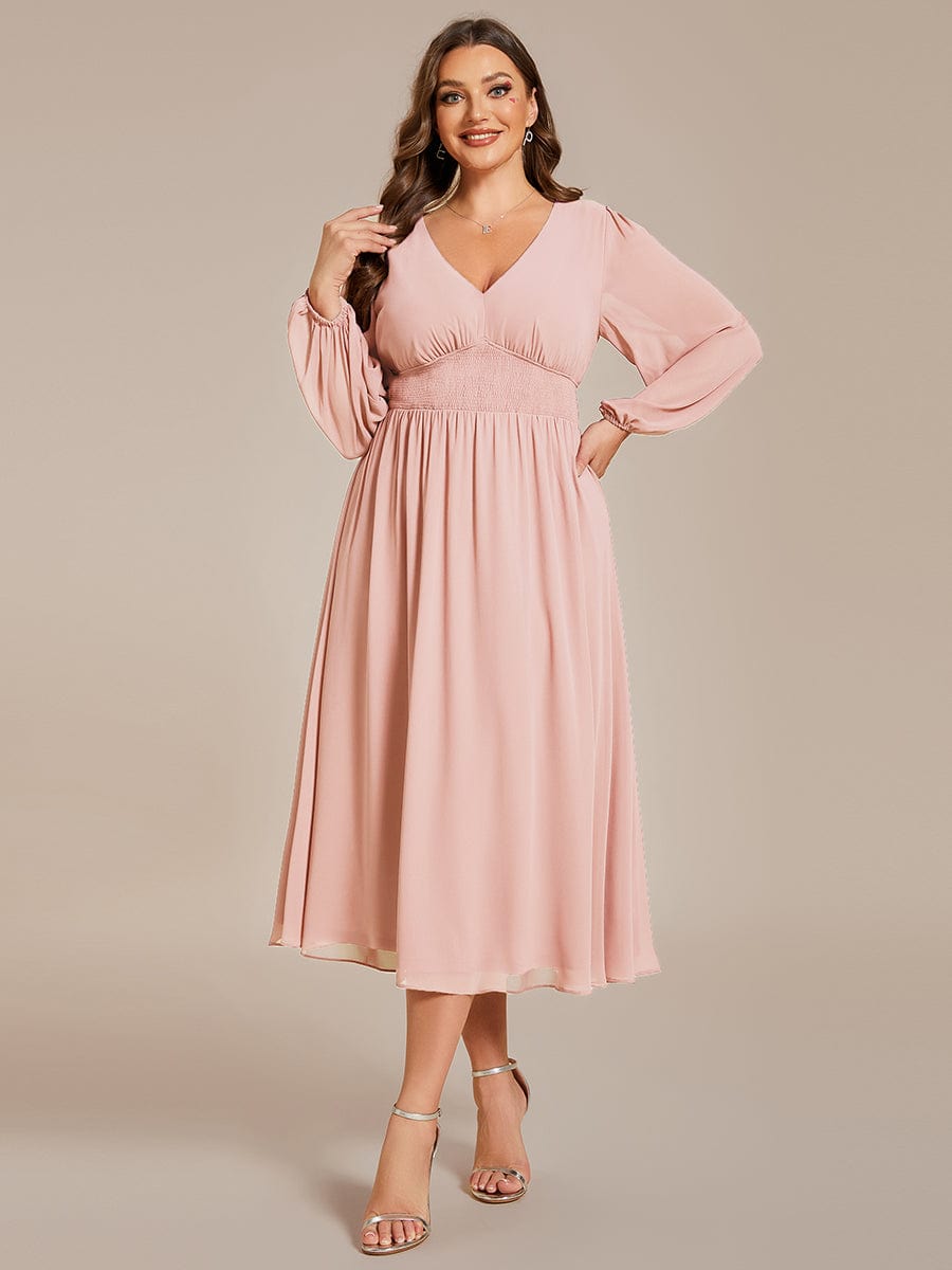 Plus Size Flowy Long Sleeve Midi Chiffon Dress #color_Pink