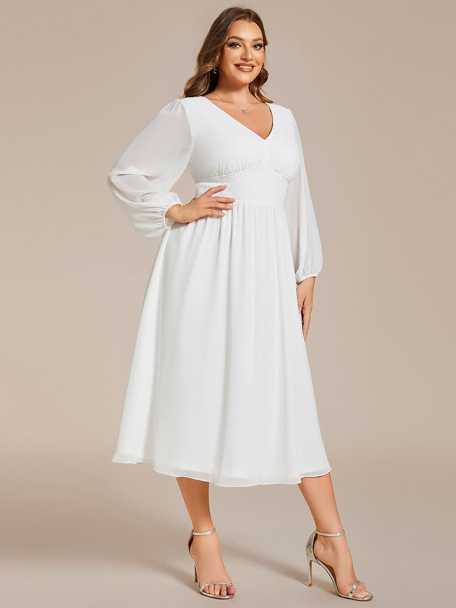 Plus Size Flowy Long Sleeve Midi Chiffon Dress #color_White