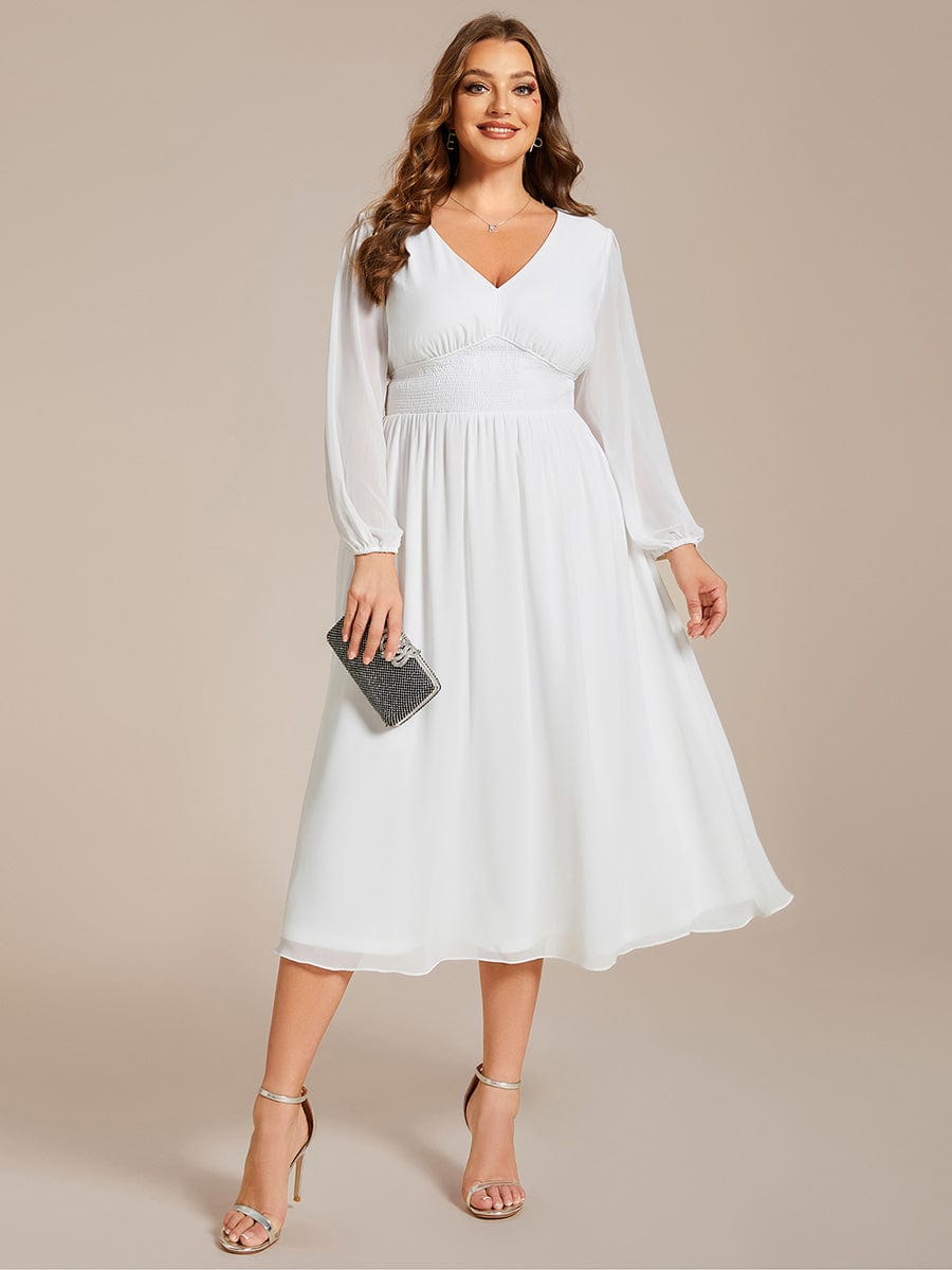 Plus Size Flowy Long Sleeve Midi Chiffon Dress #color_White