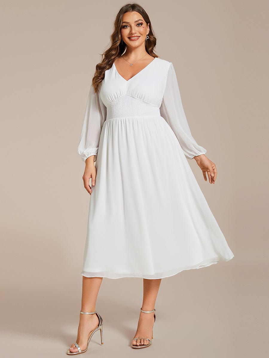 Plus Size Flowy Long Sleeve Midi Chiffon Dress #color_White