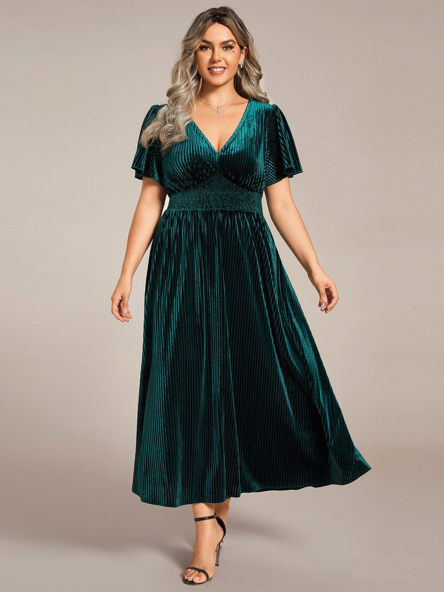 Velvet A-Line Plus Size Midi Dress #color_Dark Green