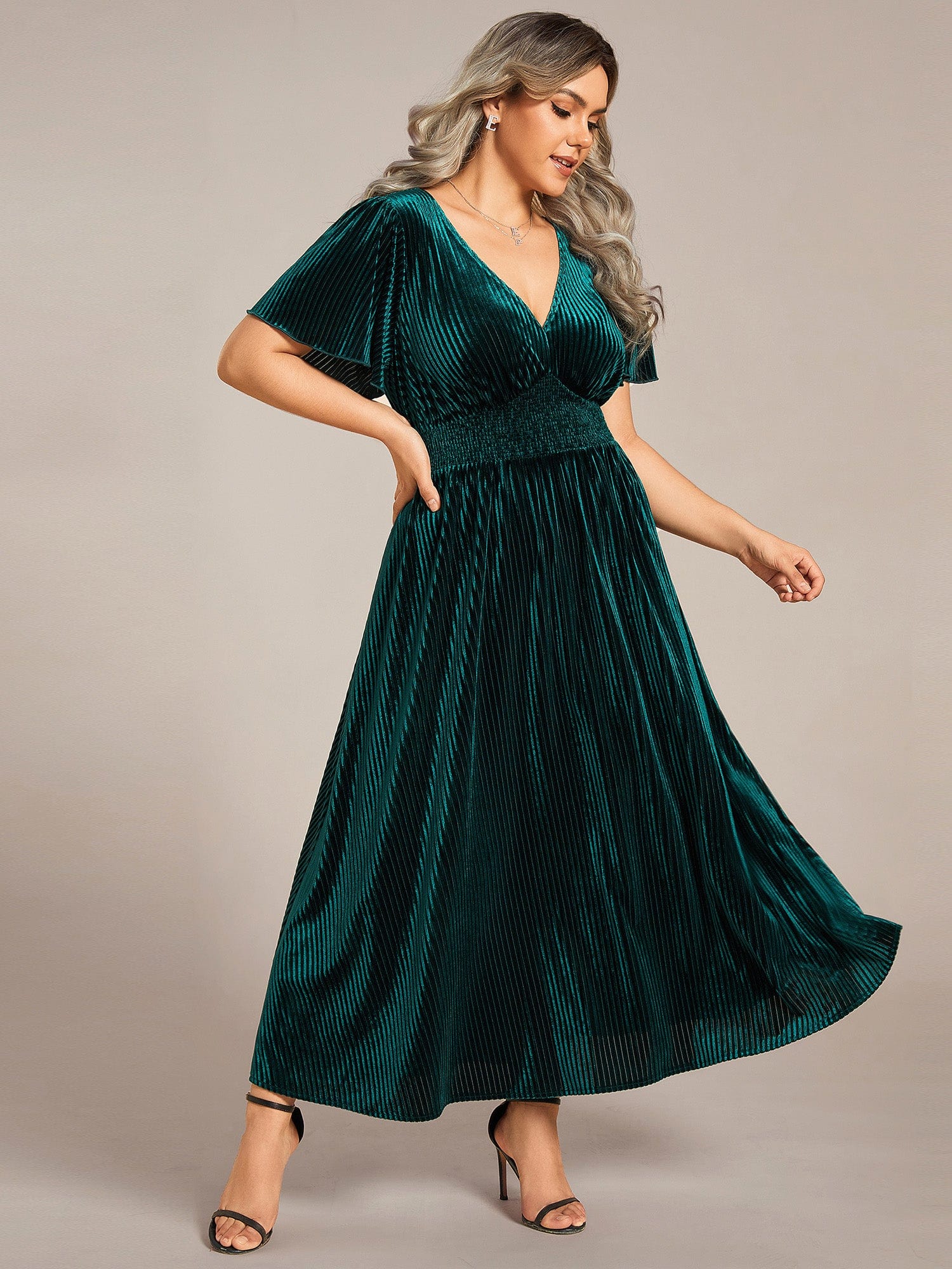 Velvet A-Line Plus Size Midi Dress #color_Dark Green