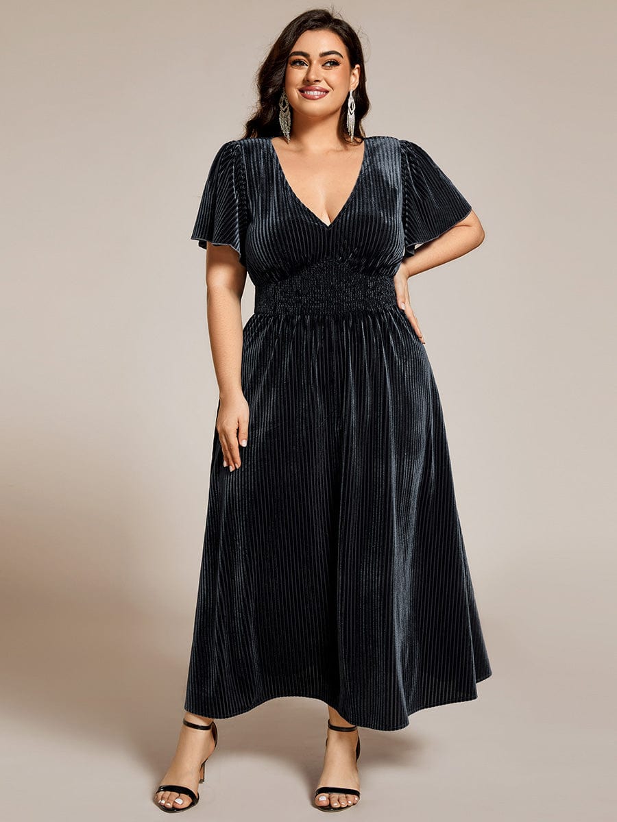 Velvet A-Line Plus Size Midi Dress #color_Grey Blue