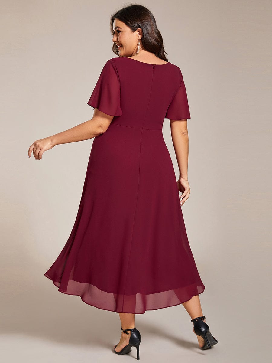 Pleated V-Neck Plus Size High Low Dress with Short Sleeves #color_Burgundy