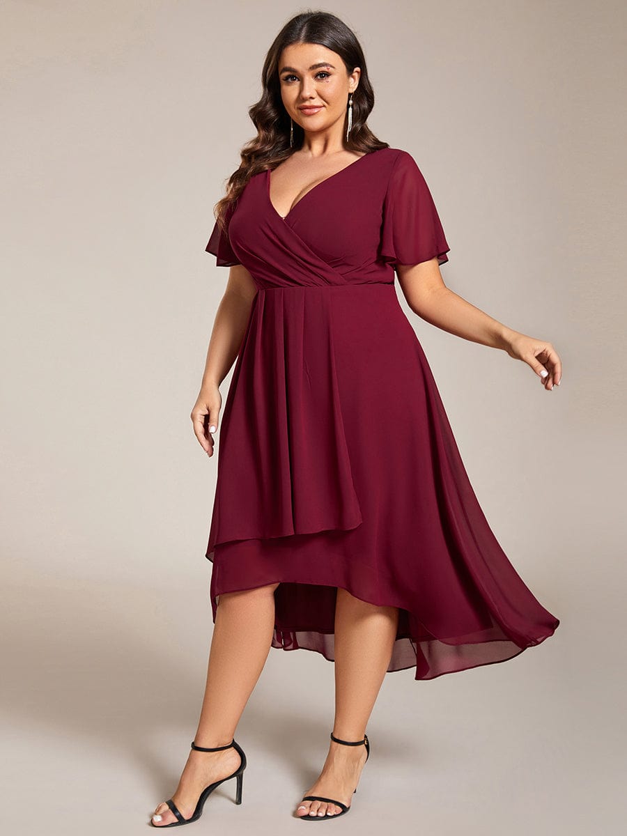 Pleated V-Neck Plus Size High Low Dress with Short Sleeves #color_Burgundy