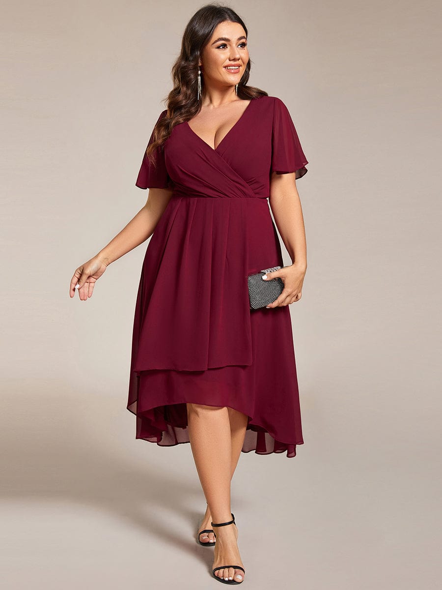 Pleated V-Neck Plus Size High Low Dress with Short Sleeves #color_Burgundy