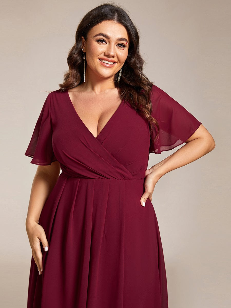 Pleated V-Neck Plus Size High Low Dress with Short Sleeves #color_Burgundy