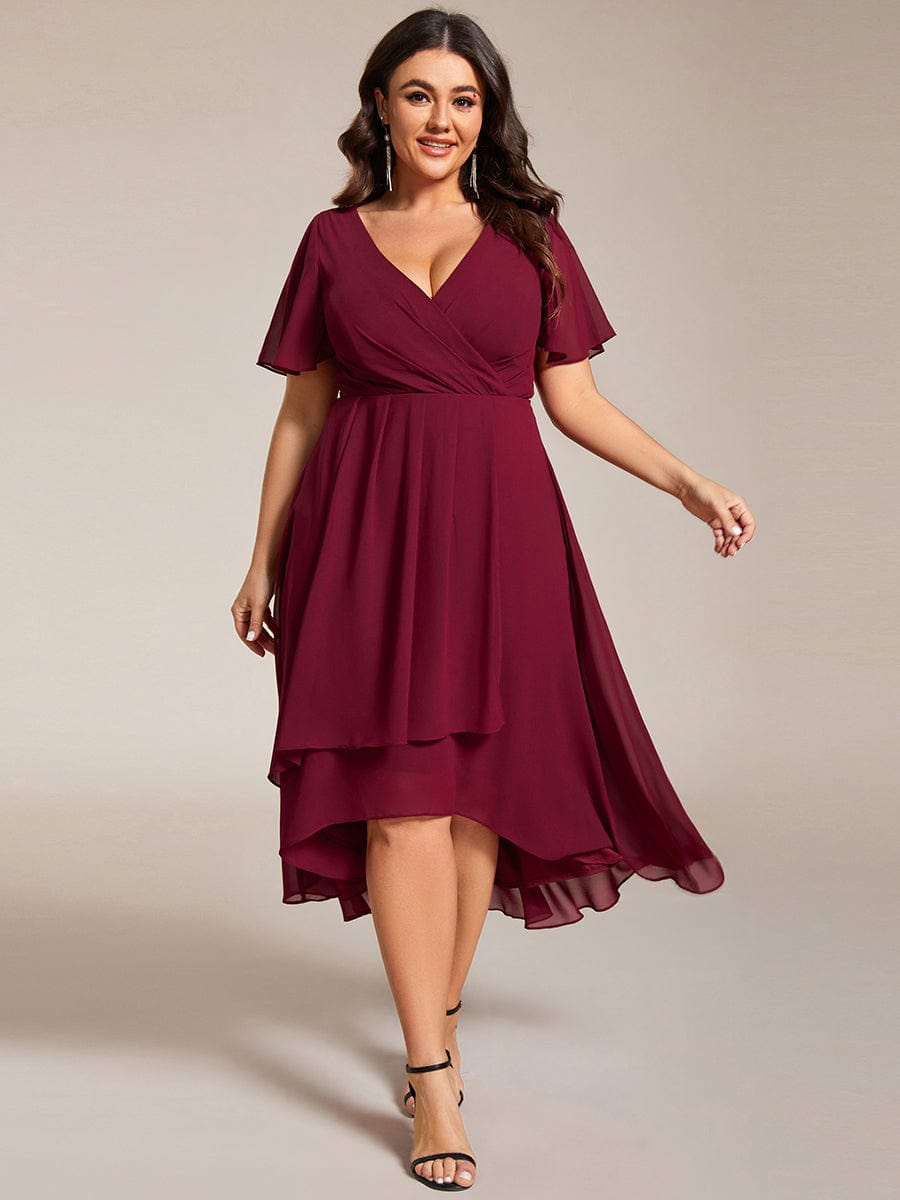 Pleated V-Neck Plus Size High Low Dress with Short Sleeves #color_Burgundy