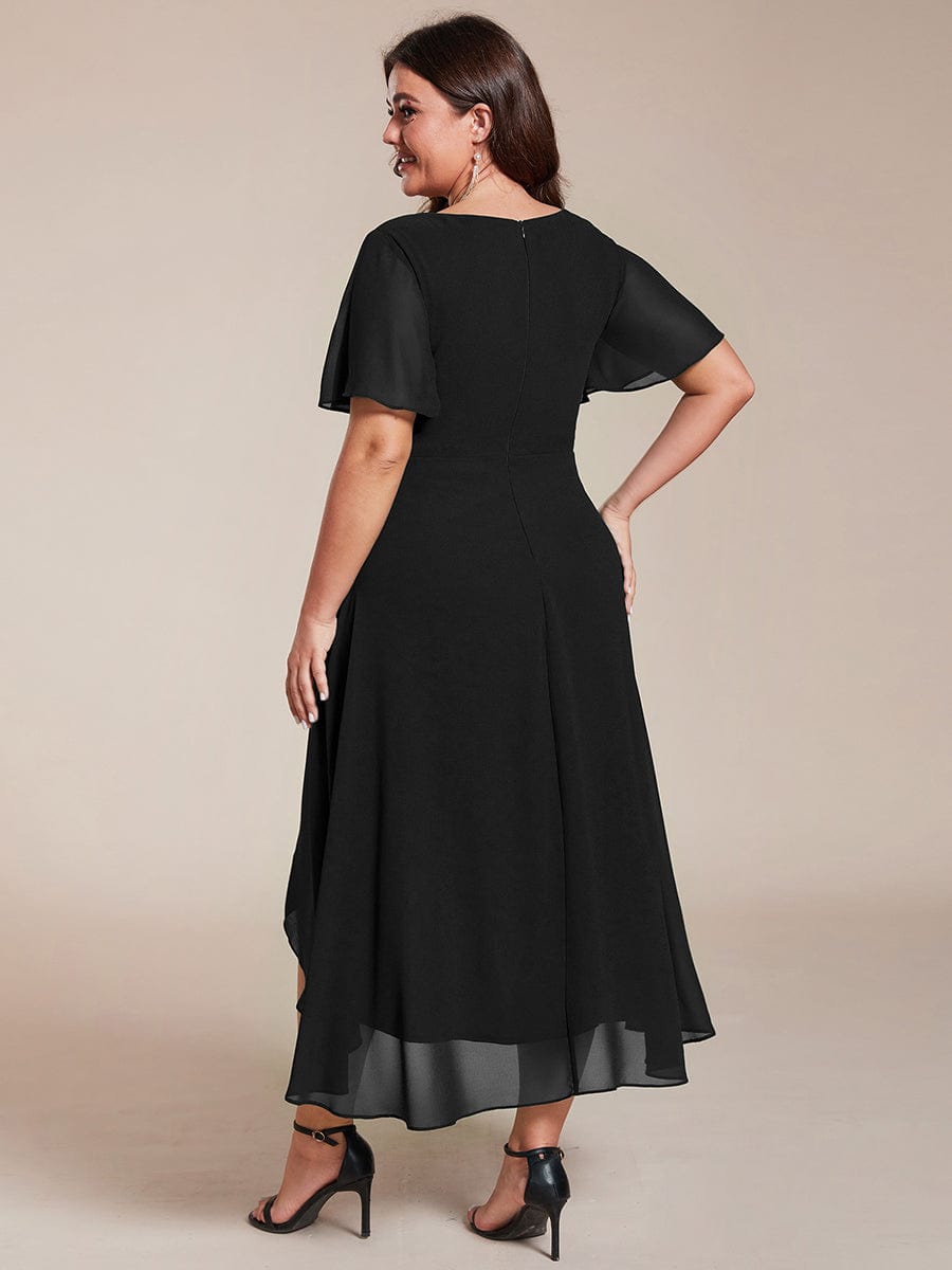 Pleated V-Neck Plus Size High Low Dress with Short Sleeves #color_Black