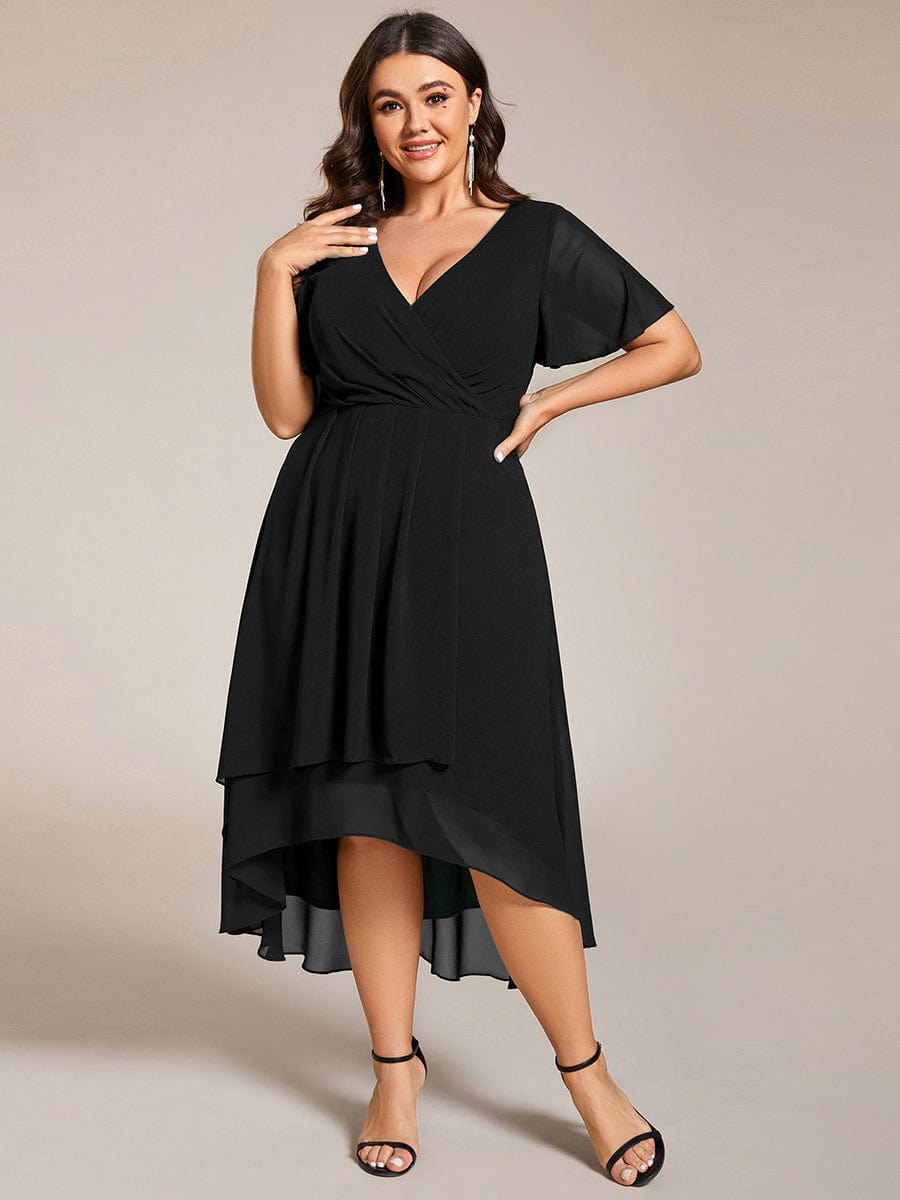 Pleated V-Neck Plus Size High Low Dress with Short Sleeves #color_Black