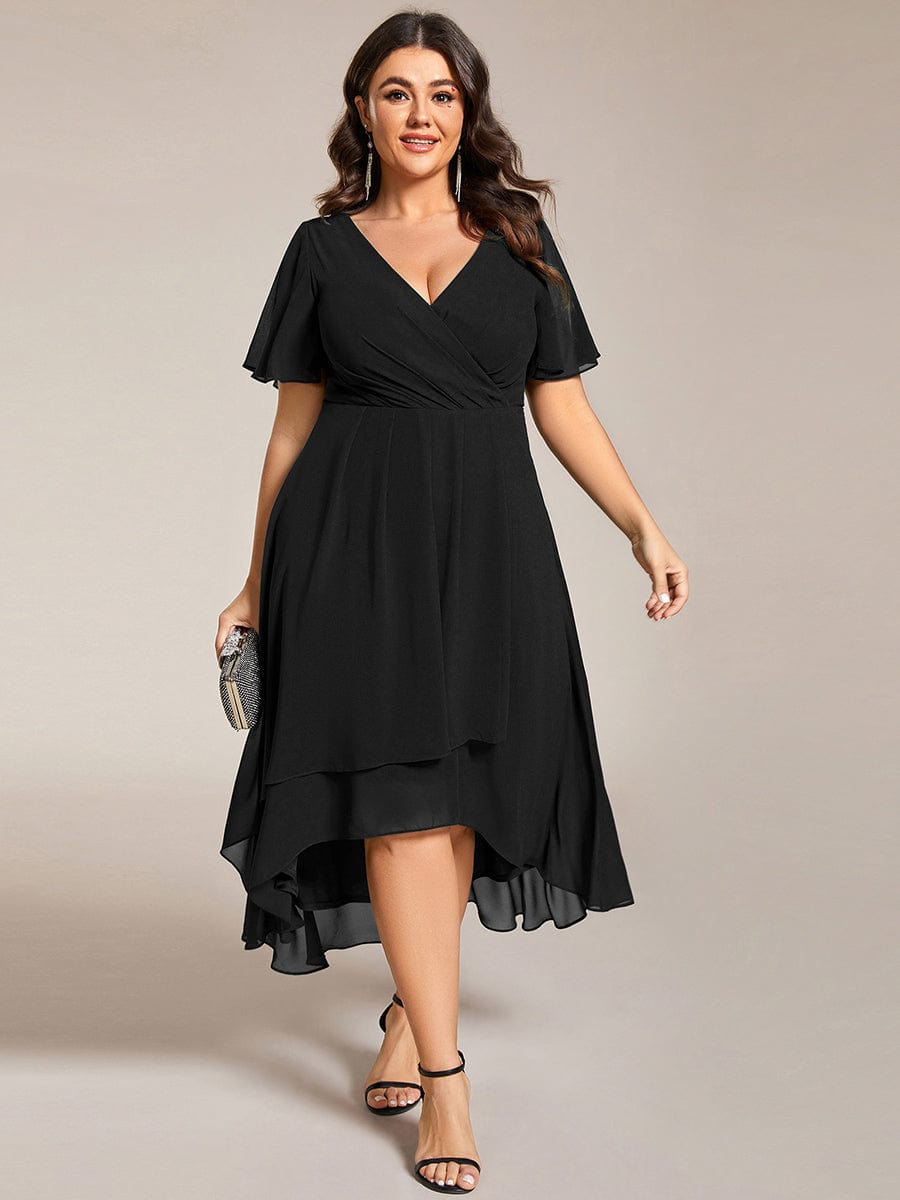 Pleated V-Neck Plus Size High Low Dress with Short Sleeves #color_Black