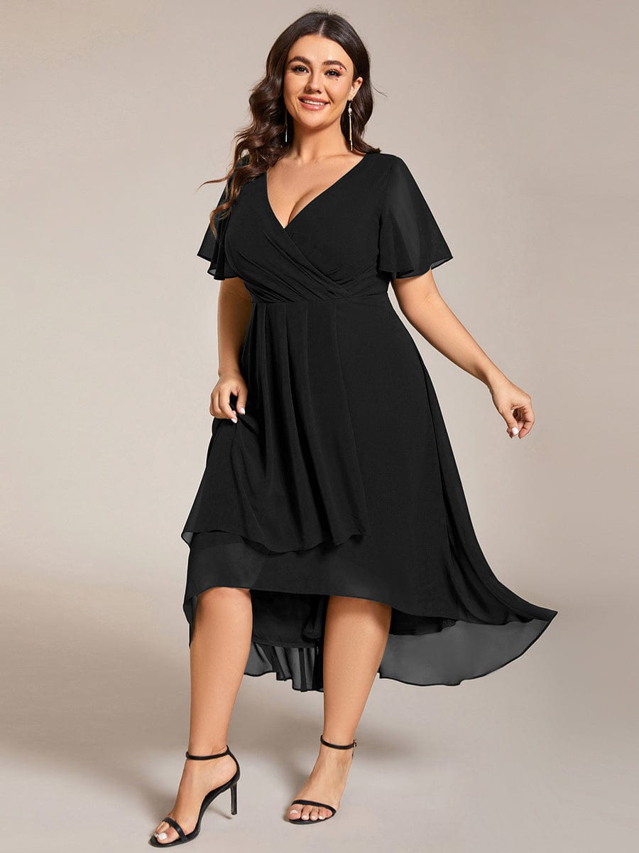 Pleated V-Neck Plus Size High Low Dress with Short Sleeves #color_Black