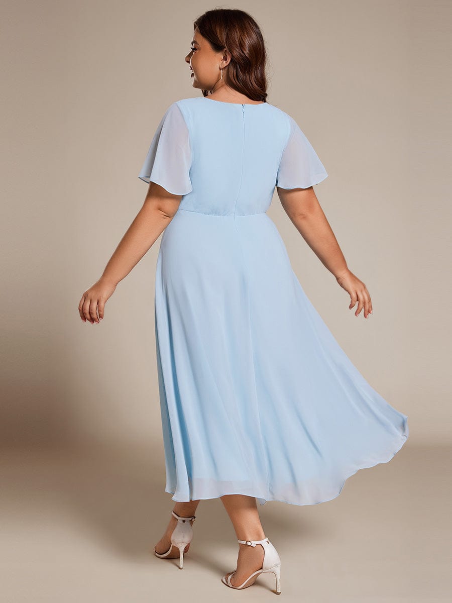 Pleated V-Neck Plus Size High Low Dress with Short Sleeves #color_Sky Blue