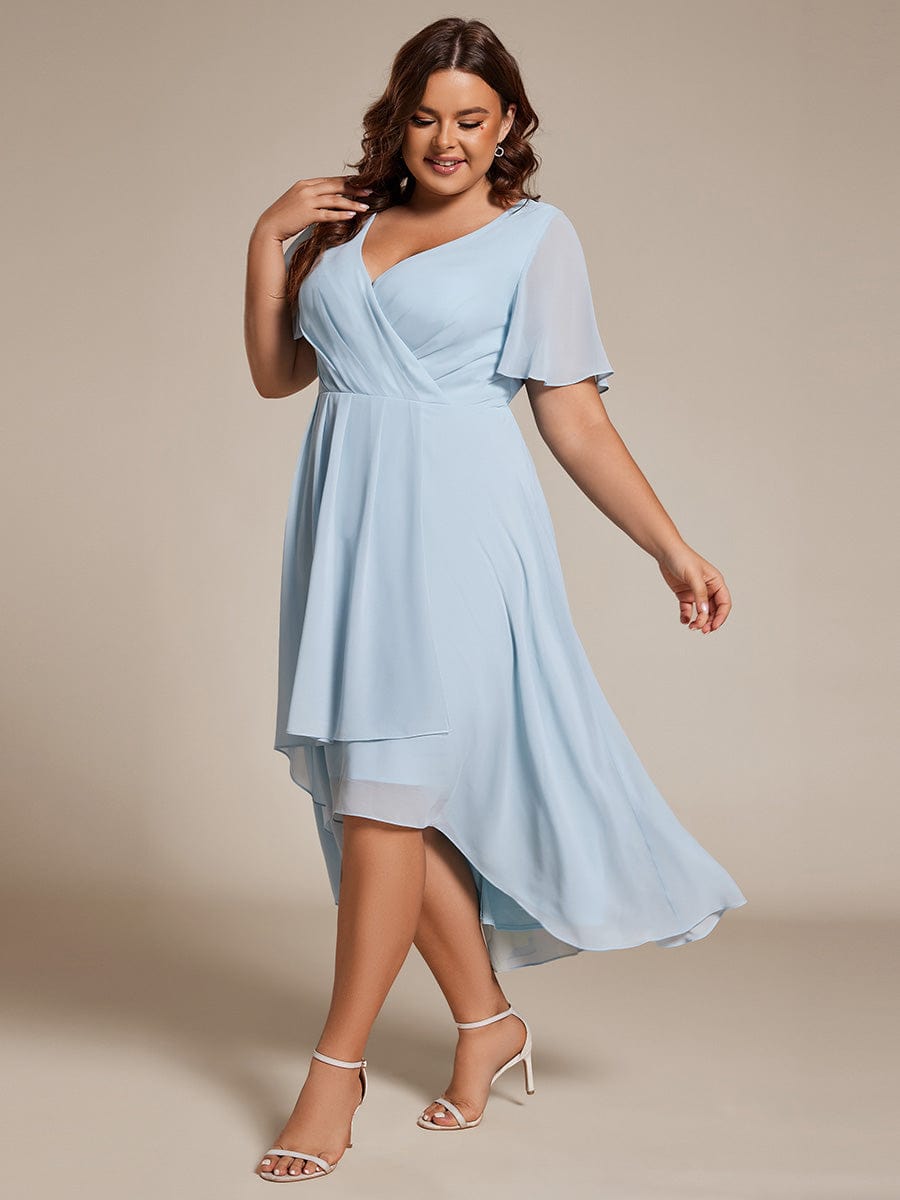 Pleated V-Neck Plus Size High Low Dress with Short Sleeves #color_Sky Blue