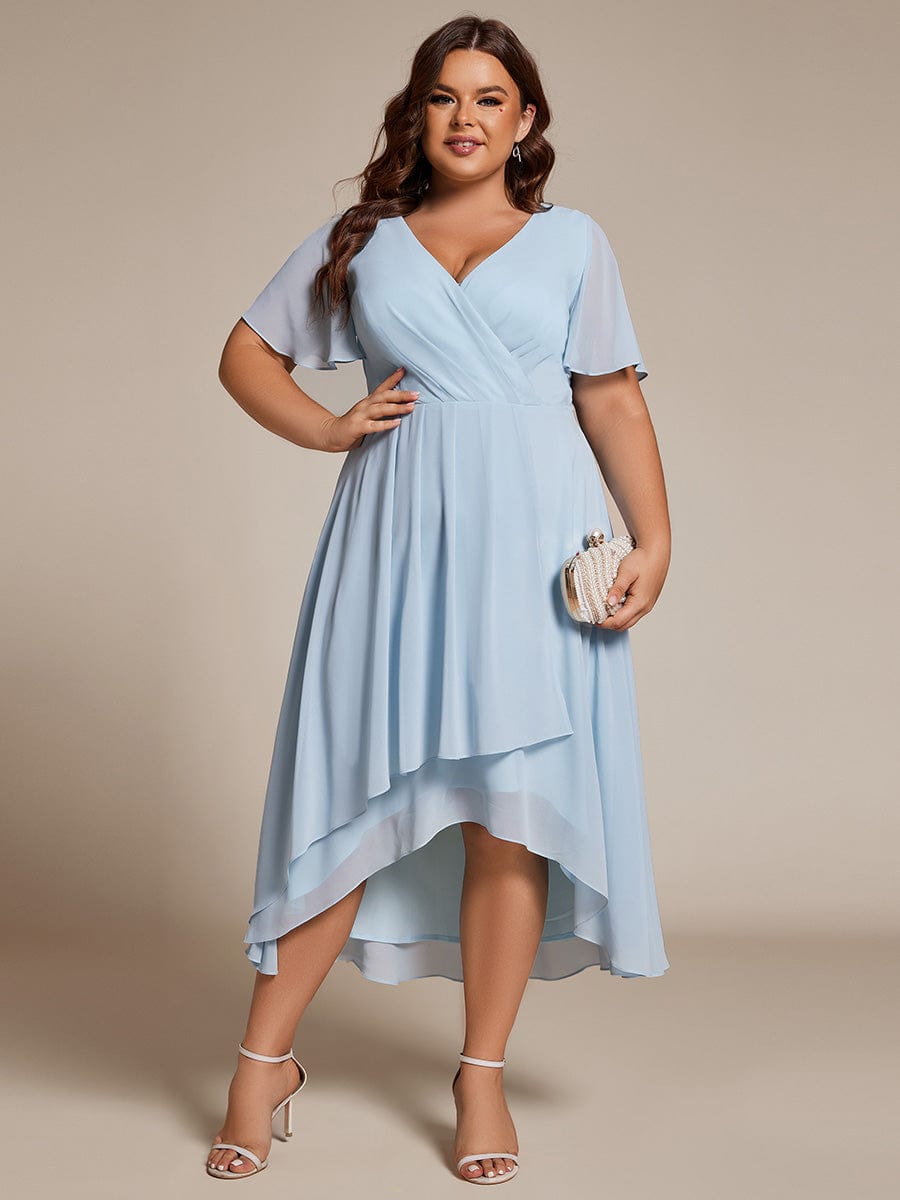 Pleated V-Neck Plus Size High Low Dress with Short Sleeves #color_Sky Blue