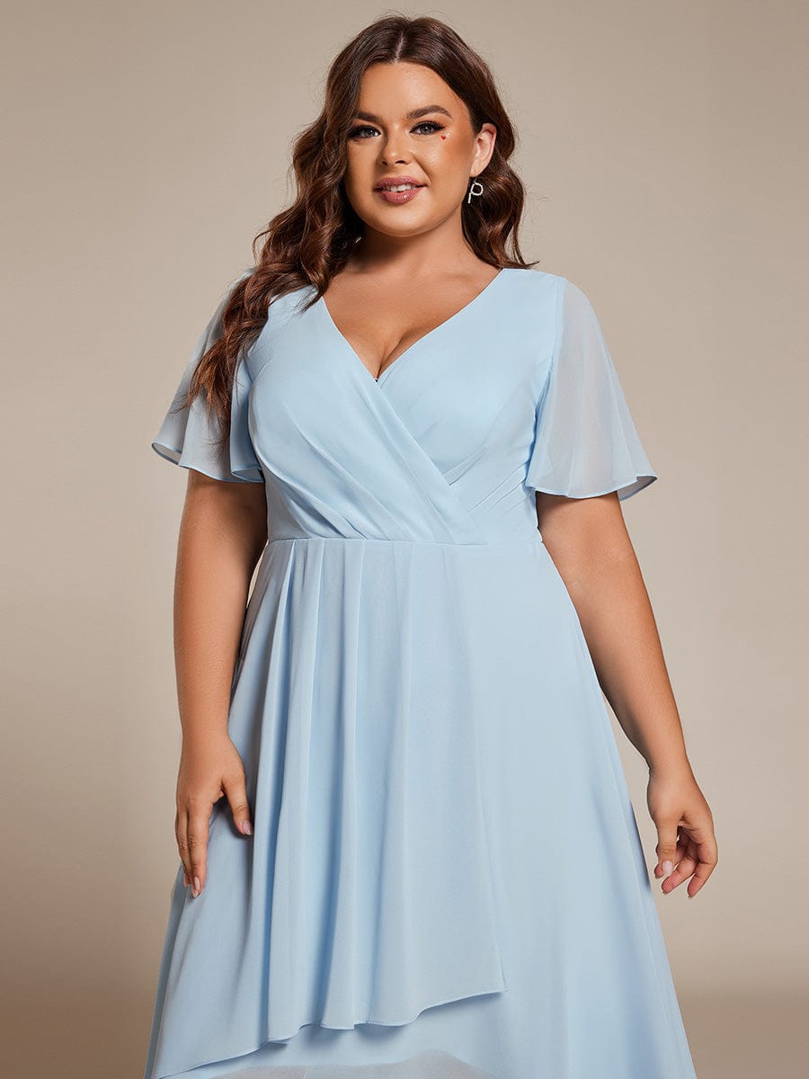 Pleated V-Neck Plus Size High Low Dress with Short Sleeves #color_Sky Blue