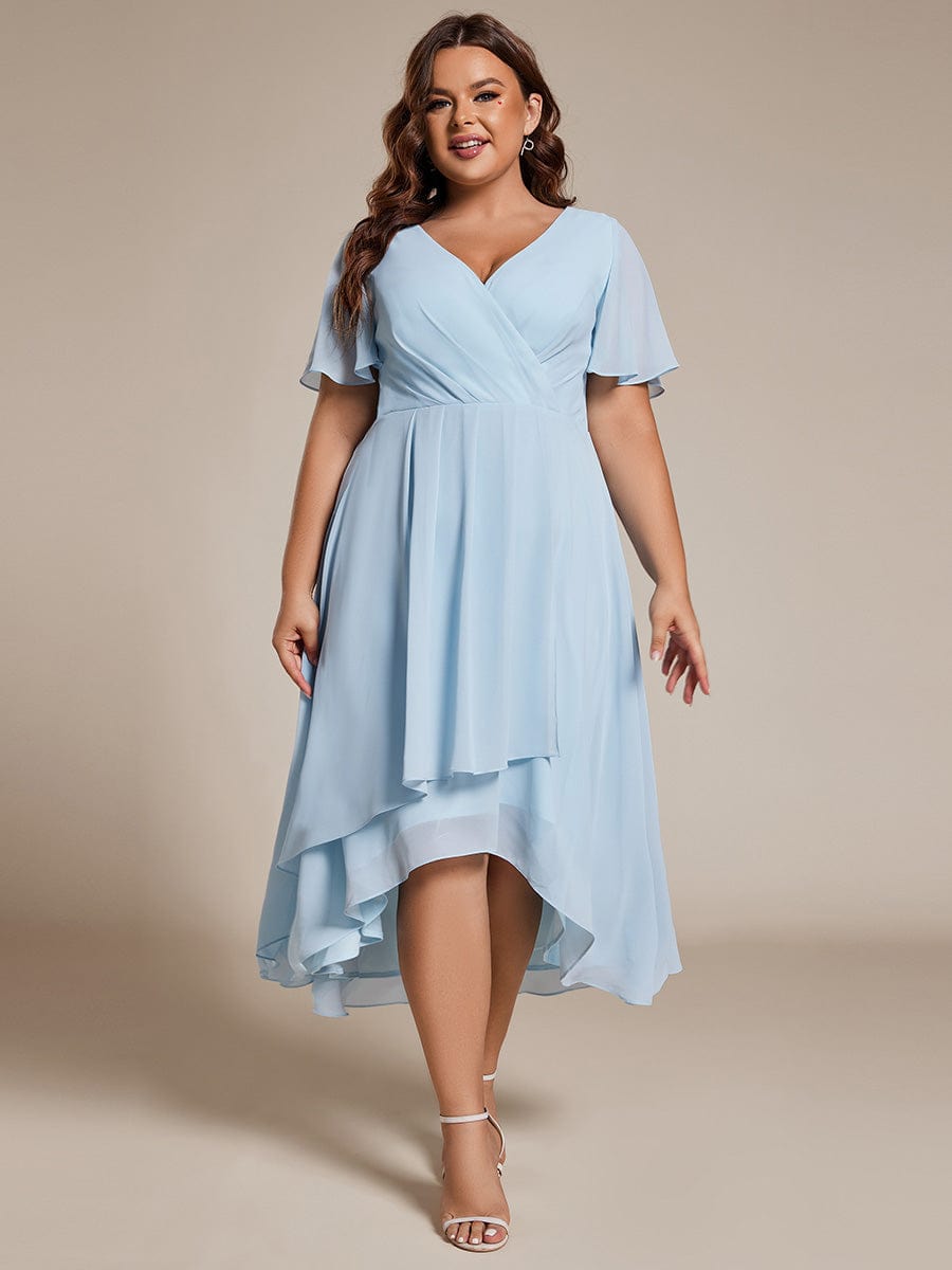 Pleated V-Neck Plus Size High Low Dress with Short Sleeves #color_Sky Blue