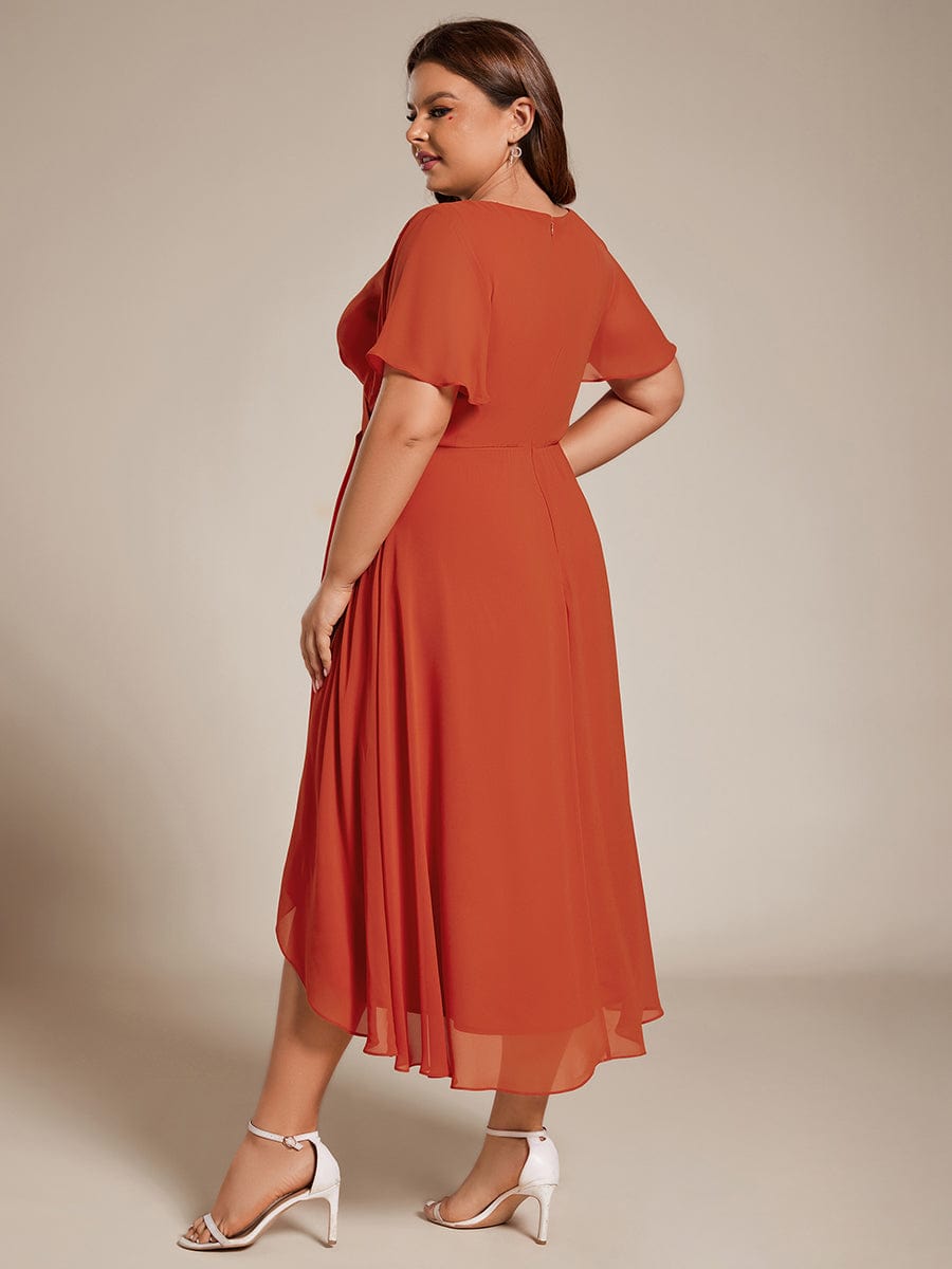 Pleated V-Neck Plus Size High Low Dress with Short Sleeves #color_Burnt Orange