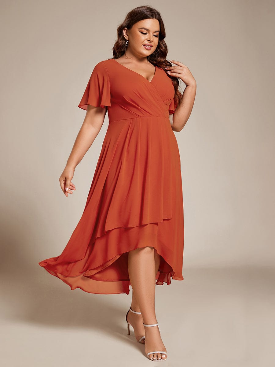 Pleated V-Neck Plus Size High Low Dress with Short Sleeves #color_Burnt Orange