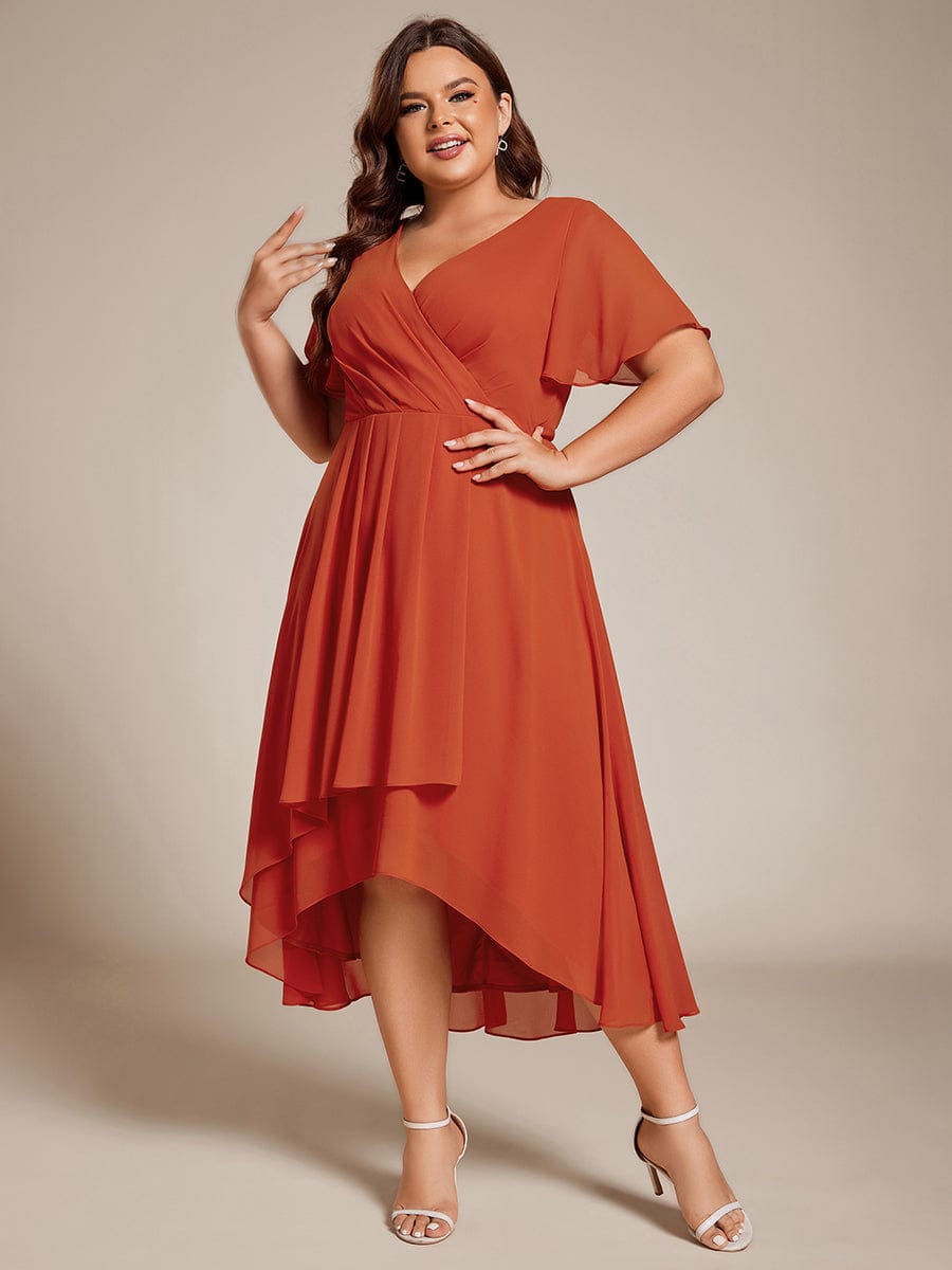 Pleated V-Neck Plus Size High Low Dress with Short Sleeves #color_Burnt Orange