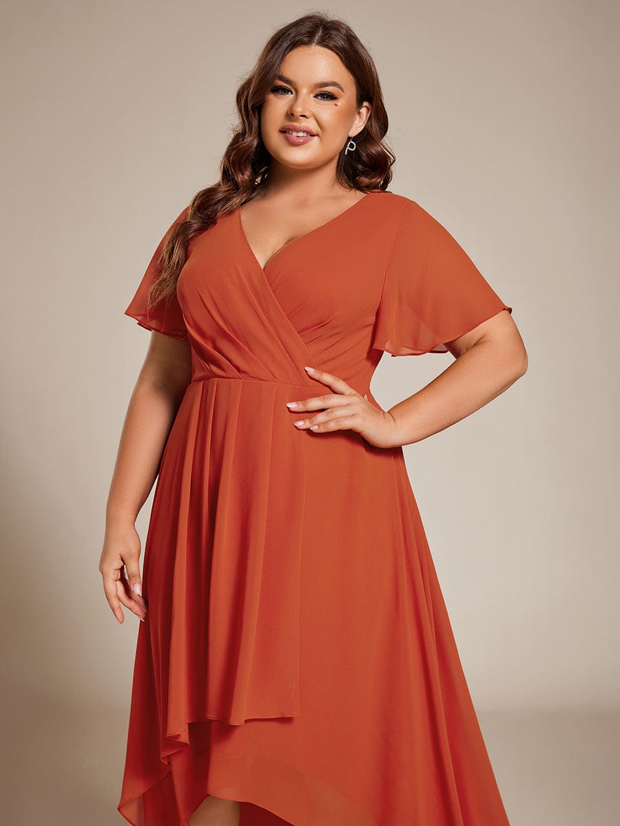 Pleated V-Neck Plus Size High Low Dress with Short Sleeves #color_Burnt Orange