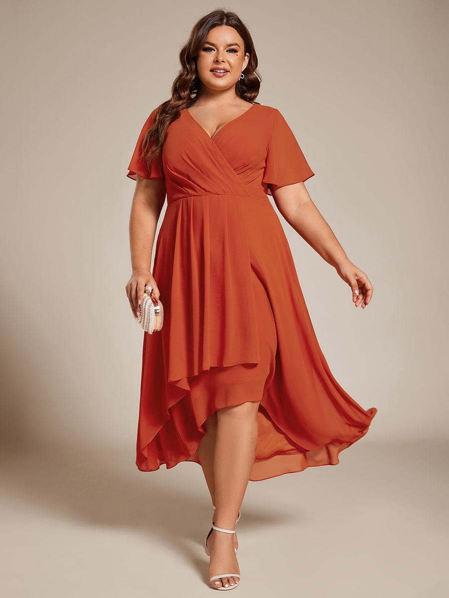 Pleated V-Neck Plus Size High Low Dress with Short Sleeves #color_Burnt Orange