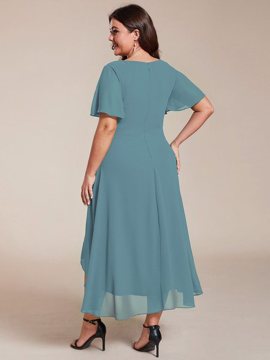 Pleated V-Neck Plus Size High Low Dress with Short Sleeves #color_Light Teal