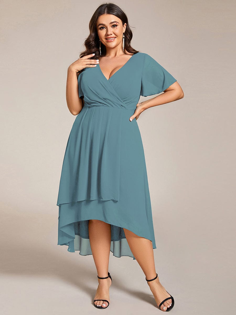 Pleated V-Neck Plus Size High Low Dress with Short Sleeves #color_Light Teal