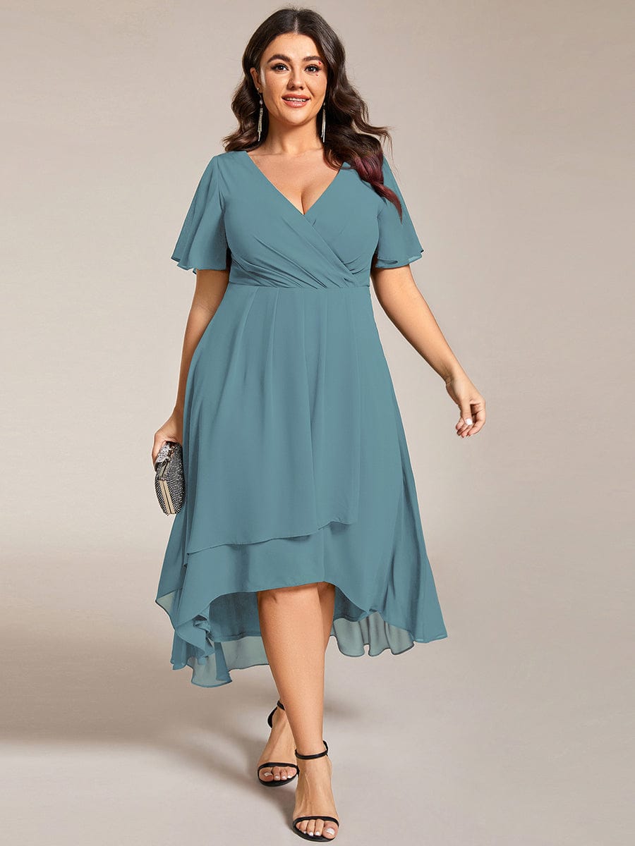 Pleated V-Neck Plus Size High Low Dress with Short Sleeves #color_Light Teal