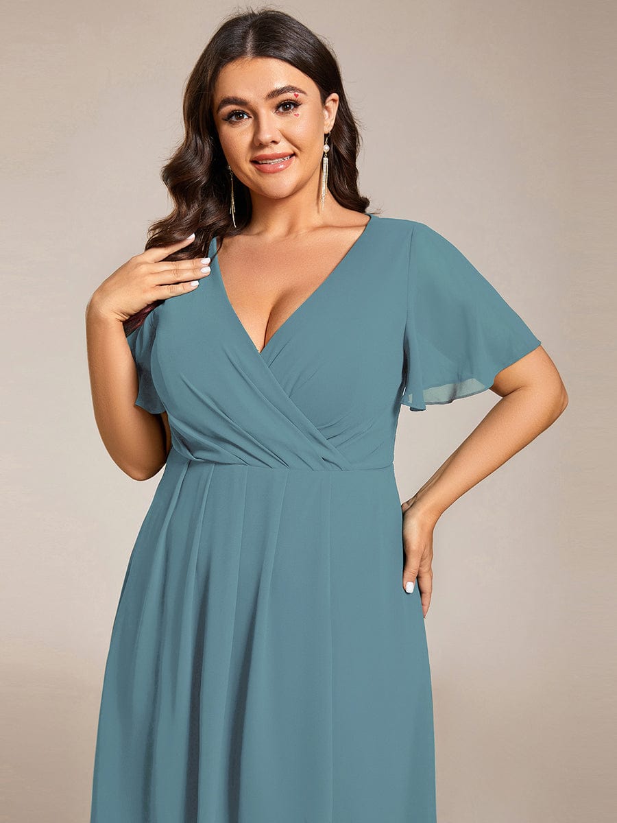 Pleated V-Neck Plus Size High Low Dress with Short Sleeves #color_Light Teal