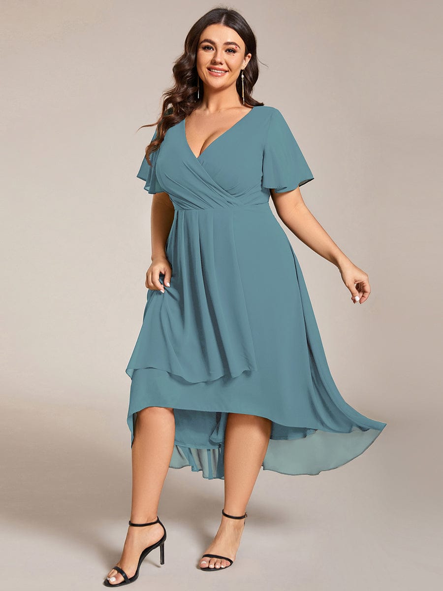 Pleated V-Neck Plus Size High Low Dress with Short Sleeves #color_Light Teal