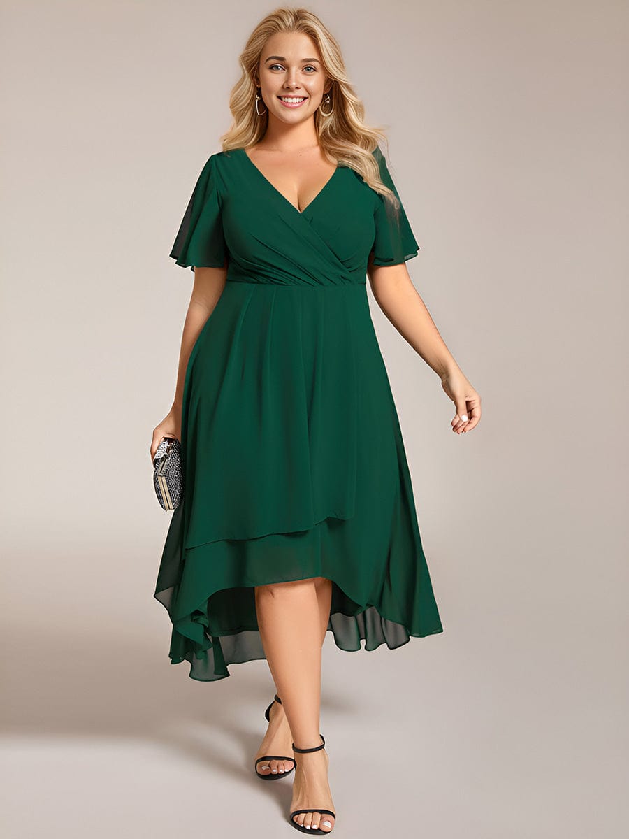 Pleated V-Neck Plus Size High Low Dress with Short Sleeves #color_Dark Green