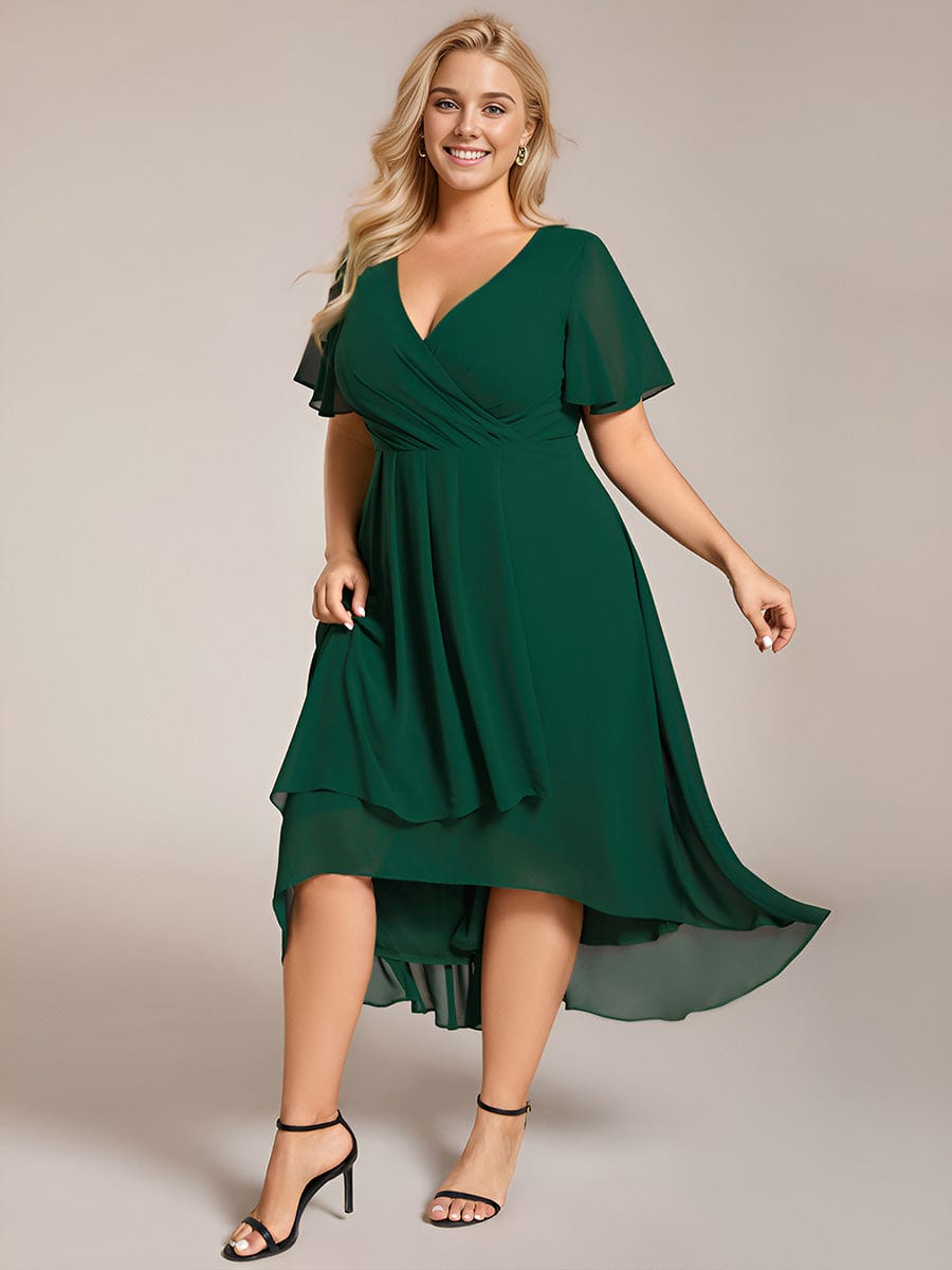 Pleated V-Neck Plus Size High Low Dress with Short Sleeves #color_Dark Green