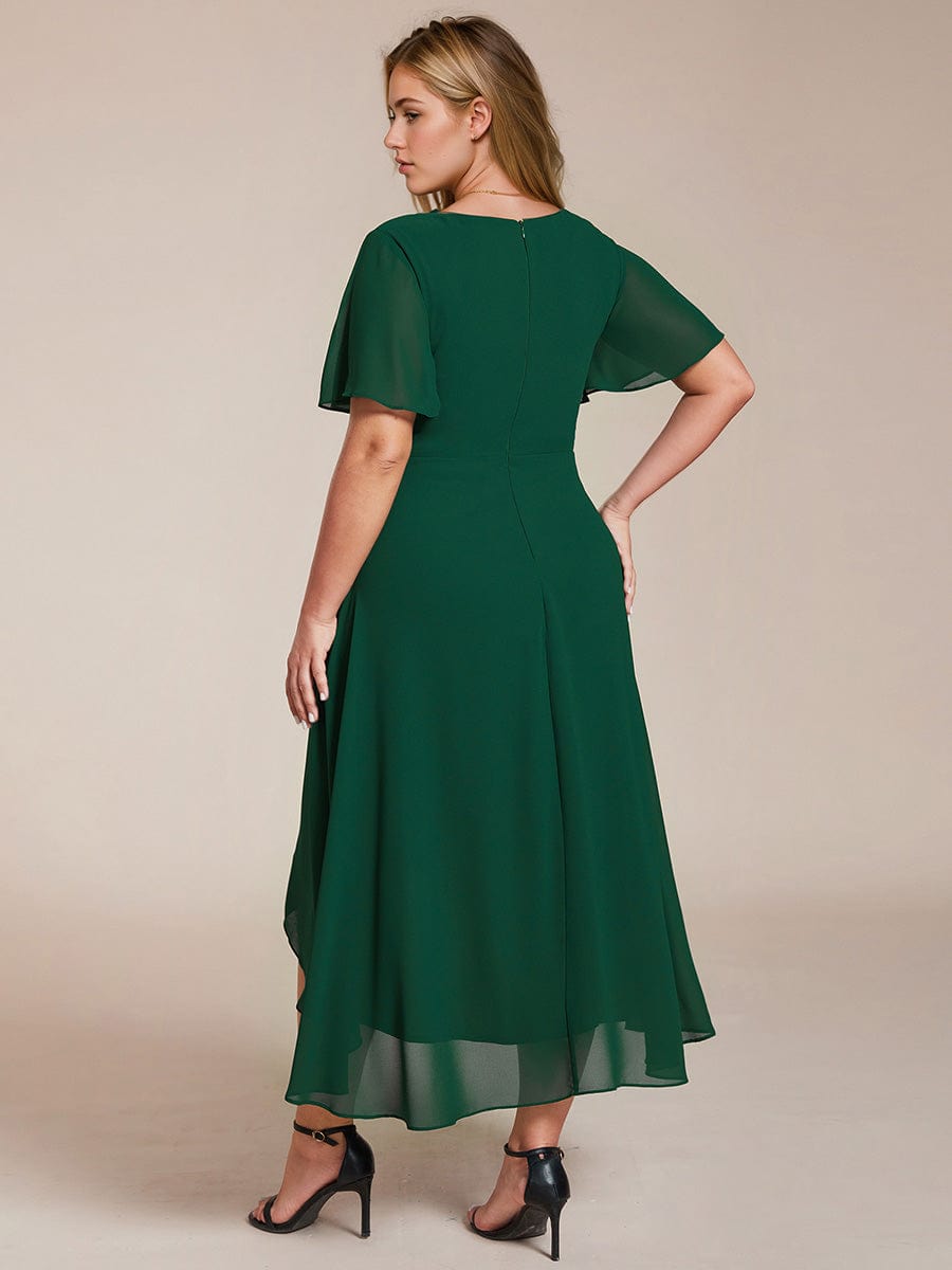 Pleated V-Neck Plus Size High Low Dress with Short Sleeves #color_Dark Green