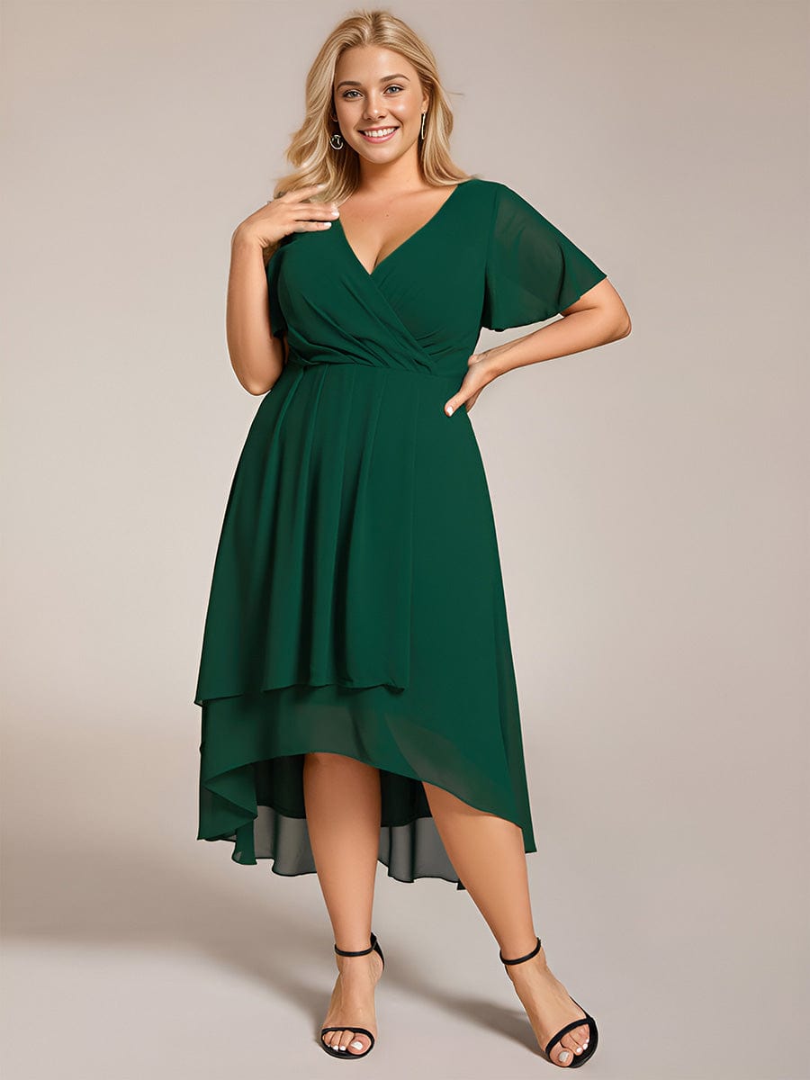 Pleated V-Neck Plus Size High Low Dress with Short Sleeves #color_Dark Green