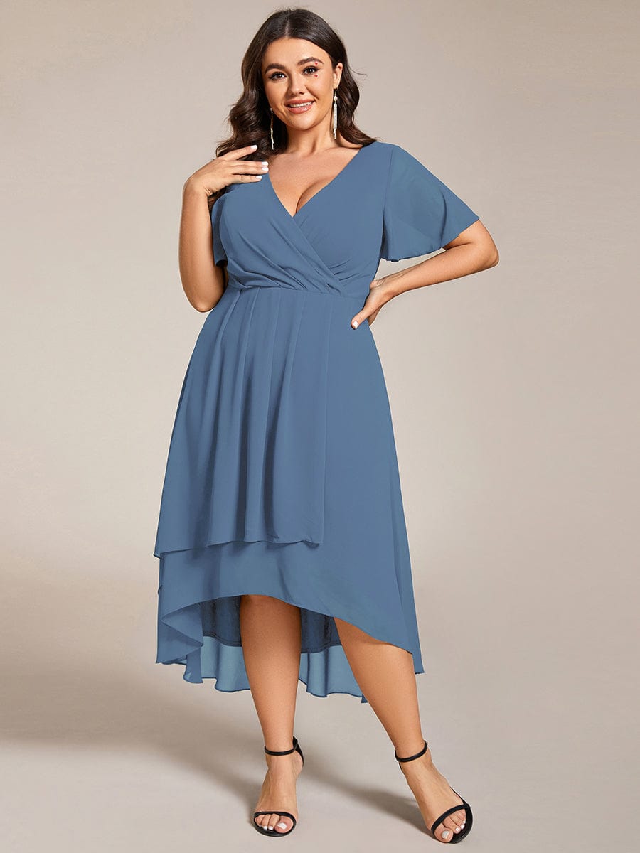 Pleated V-Neck Plus Size High Low Dress with Short Sleeves #color_Dusty Blue