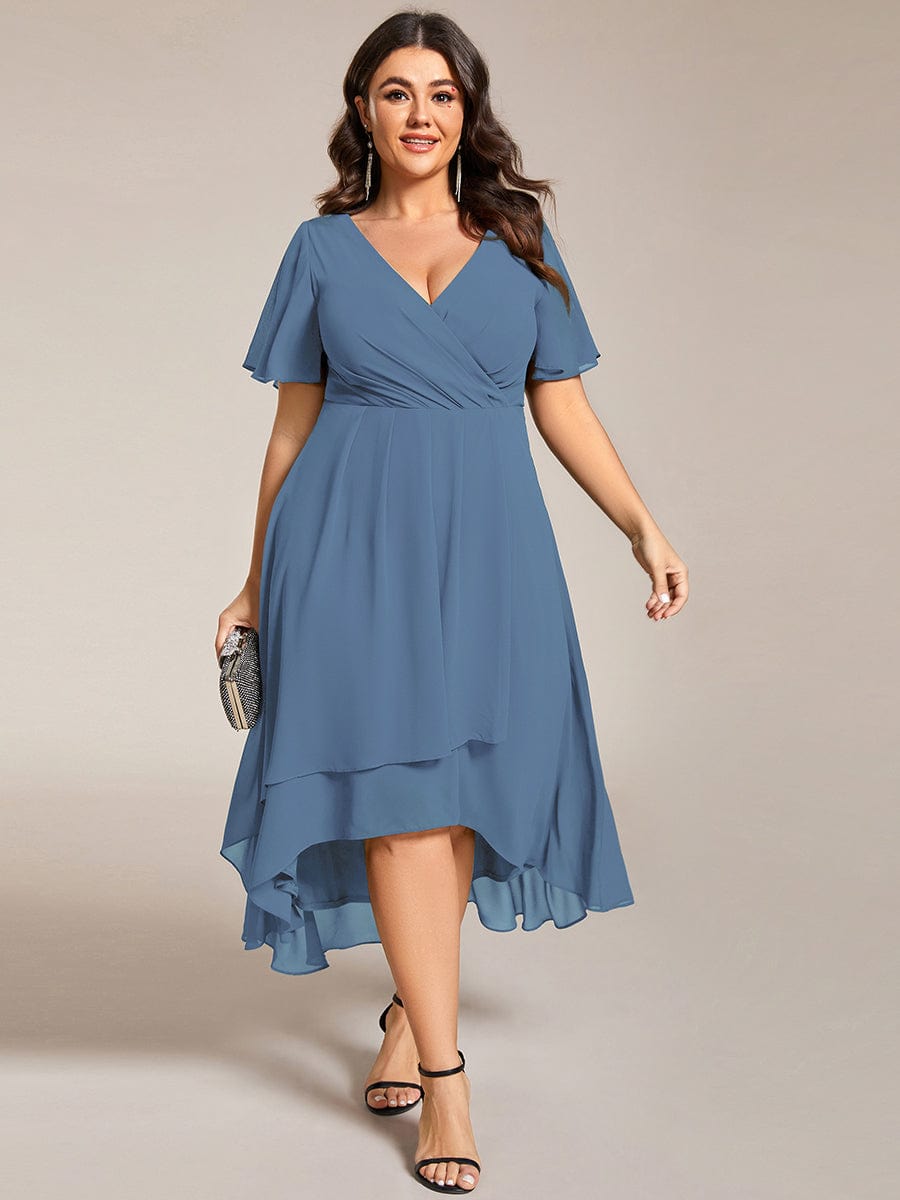 Pleated V-Neck Plus Size High Low Dress with Short Sleeves #color_Dusty Blue