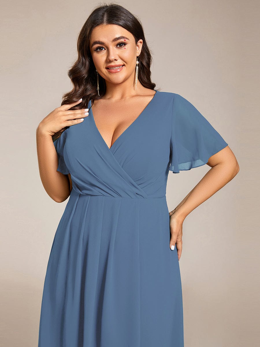 Pleated V-Neck Plus Size High Low Dress with Short Sleeves #color_Dusty Blue