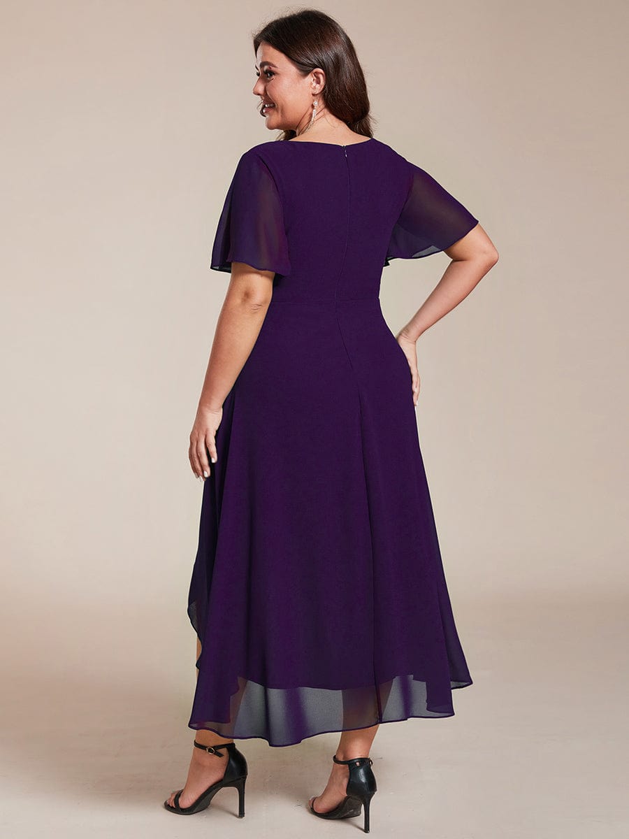 Pleated V-Neck Plus Size High Low Dress with Short Sleeves #color_Dark Purple