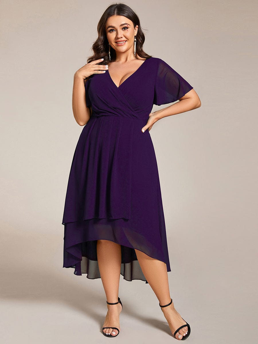 Pleated V-Neck Plus Size High Low Dress with Short Sleeves #color_Dark Purple