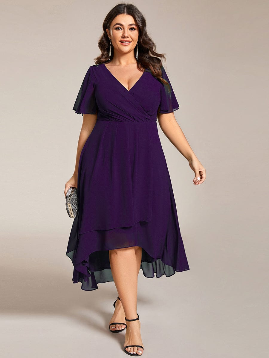 Pleated V-Neck Plus Size High Low Dress with Short Sleeves #color_Dark Purple