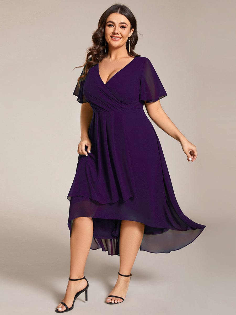 Pleated V-Neck Plus Size High Low Dress with Short Sleeves #color_Dark Purple