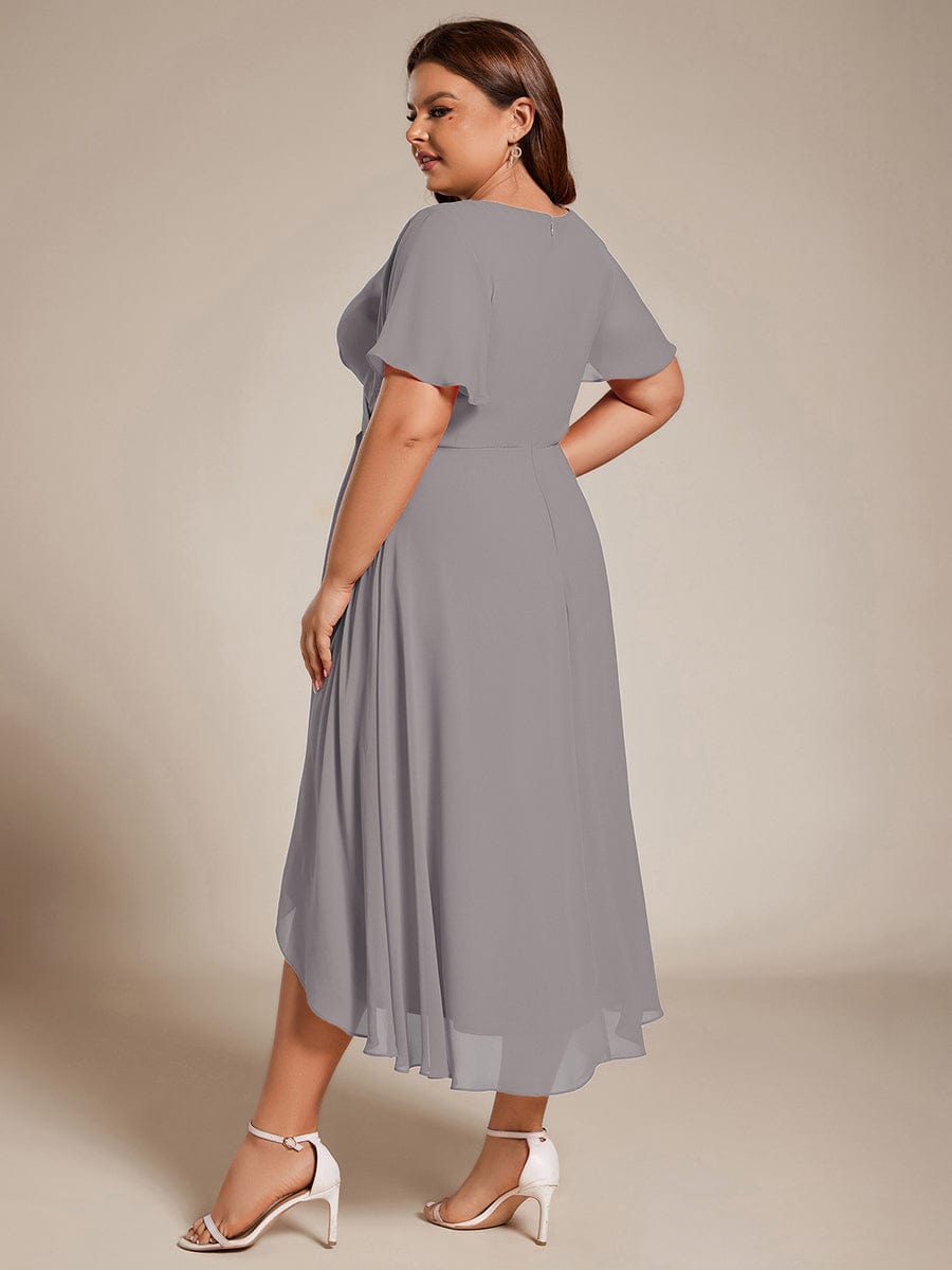 Pleated V-Neck Plus Size High Low Dress with Short Sleeves #color_Grey