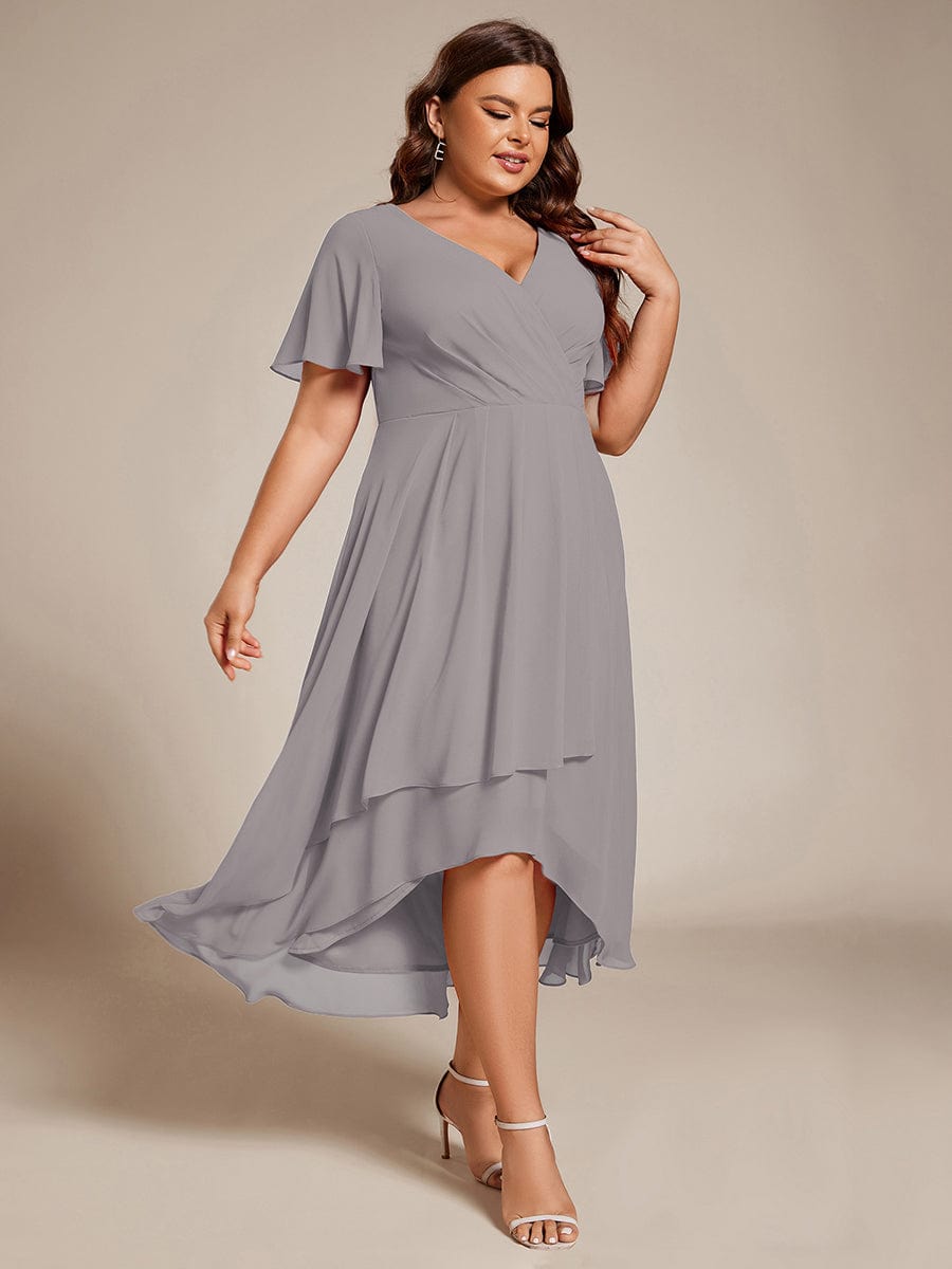 Pleated V-Neck Plus Size High Low Dress with Short Sleeves #color_Grey